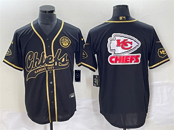 Men’s Kansas City Chiefs Black Gold Team Big Logo With Patch Cool Base Stitched Baseball Jersey